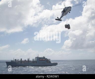 Mer des Caraïbes (nov. 12, 2018) Un MH-60S Seahawk, assigné à la mer "Chevaliers" de la mer de l'Escadron d'hélicoptères de combat (HSC), transporte 22 fournitures des cargaisons sèches/munitions ship USNS William McLean (T-AKE 12) pour le navire-hôpital USNS Comfort (T-AH 20) au cours d'un ravitaillement en mer. Le confort est de 11 semaines sur une mission d'appui médical à l'Amérique centrale et du Sud dans le cadre du U.S. Southern Command's Enduring promesse initiative. Travailler avec des partenaires gouvernementaux et de santé en Équateur, au Pérou, en Colombie et au Honduras, l'équipe médicale a entrepris des soins à bord et dans les centres médicaux, l'hôtel Banque D'Images