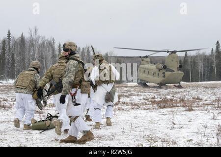 Les parachutistes de l'armée affectés à la Compagnie des Pieds-Noirs, 1er Bataillon, 501e Parachute Infantry Regiment d'infanterie, 4e Brigade Combat Team (Airborne), 25e Division d'infanterie de l'armée américaine, l'Alaska, se déplacer à évacuer bataille simulé pertes au cours de peloton d'infanterie de tir réel à Joint Base Elmendorf-Richardson, Alaska, 7 novembre 2018. L'exercice aiguisé les parachutistes de l'infanterie des compétences pour inclure : mouvement de peloton et de la communication, obstacle violer, la capture d'objectifs au moyen d'agressions sexuelles et de la manœuvre, et aux soins aux blessés. Hélicoptère CH-47 Chinook de l'armée d'aviateurs de la Compagnie B, 1er Bataillon, 52 Banque D'Images
