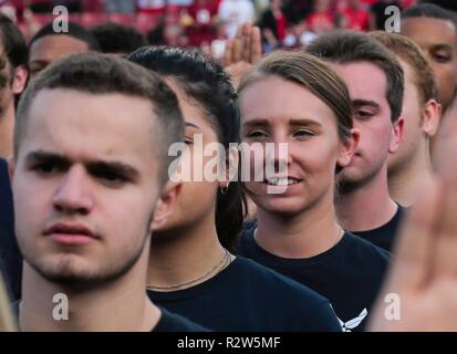 Veronica Sallisky, troisième à partir de la gauche, des mûriers, Fla., récite le serment d'engagement au cours d'une cérémonie au Stade Raymond James, Novembre 11th, 2018. Le enlistees ont fourni une occasion unique de faire le serment d'engagement devant des milliers de fans de football, au cours de la mi-temps de l'équipe des Tampa Bay Buccaneers home game contre les Redskins de Washington. Banque D'Images