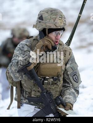 Un parachutiste de l'armée affectés à la Compagnie des Pieds-Noirs, 1er Bataillon, 501e Parachute Infantry Regiment d'infanterie, 4e Brigade Combat Team (Airborne), 25e Division d'infanterie de l'armée américaine en Alaska, relais de la position de son unité au cours de peloton d'infanterie de tir réel à Joint Base Elmendorf-Richardson, Alaska, 8 novembre 2018. L'exercice aiguisé les parachutistes de l'infanterie des compétences pour inclure : mouvement de peloton et de la communication, obstacle violer, la capture d'objectifs au moyen d'agressions sexuelles et de la manœuvre, et aux soins aux blessés. Banque D'Images