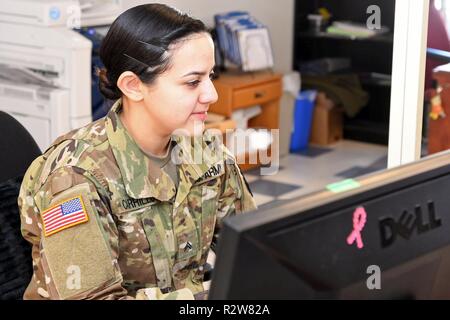 FORT BLISS, Texas - Le Cpl. Ivanska Carrillo, un spécialiste des ressources humaines pour le 210e groupe d'appui régional, Aguadilla, Porto Rico, et de sous-officier responsable de la mobilisation et le déploiement du personnel de la Brigade de la section (mobilisation), passe par les plannings sur son ordinateur de travail au cours de la mobilisation/démobilisation de l'unité dans la section du personnel de la Brigade, de la Direction des plans, la formation, la mobilisation et la sécurité à Fort Bliss, au Texas, le 31 octobre 2018. Les actions du personnel du bureau (S1) section est responsable de la gestion des documents essentiels pour la garde nationale, de Reser Banque D'Images