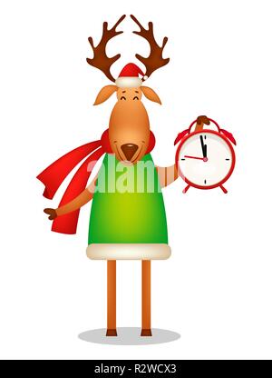 Carte de vœux de Noël. Funny deer wearing Santa Claus hat et foulard rouge. Cute cartoon character est titulaire d'un réveil. Vector illustration à dos blanc Illustration de Vecteur