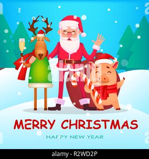 Carte de vœux de Noël. Funny Santa Claus dans les verres, cute deer avec champagne et cochon, joyeux personnages de dessins animés. Vector illustration Illustration de Vecteur