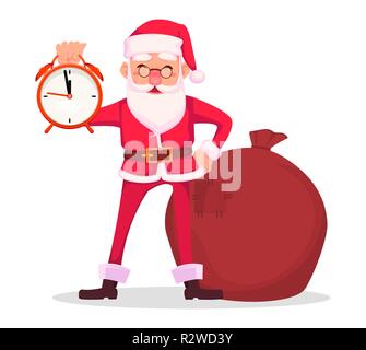 Carte de vœux de Noël. Funny Santa Claus dans les verres, joyeux personnage est titulaire d'un réveil. Vector illustration sur fond blanc Illustration de Vecteur
