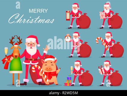 Carte de vœux de Noël. Funny Santa Claus dans les verres, mignon de porc et de cerf, ensemble avec des choses différentes. Vector illustration Illustration de Vecteur