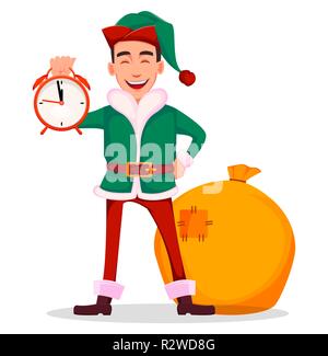 Carte de vœux de Nouvel An. Beau Père Noël helper elf. Joyeux personnage est titulaire d'un réveil. Vector illustration sur fond blanc Illustration de Vecteur