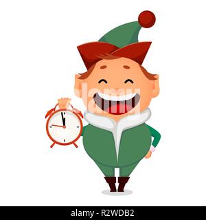 Carte de vœux de Noël. Funny Santa Claus helper elf. Joyeux personnage est titulaire d'un réveil. Vector illustration sur fond blanc Illustration de Vecteur