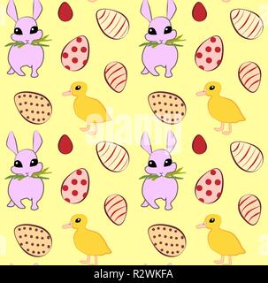 Motif de pâques vectoriel continu avec les lapins, canards et oeufs colorés Illustration de Vecteur