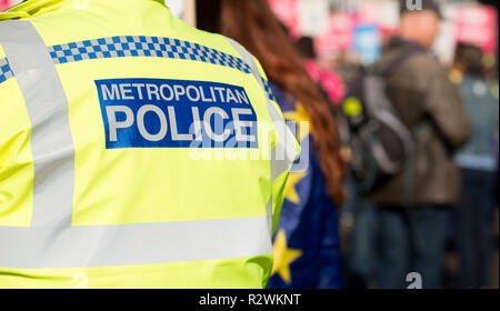 Vue arrière d'un policier métropolitain en service, chargé des demandes de renseignements du public lors d'une manifestation de protestation dans le centre de Londres. Banque D'Images