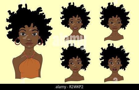 Jeune fille africaine avec des cheveux bouclés, ensemble d'émotions, vector illustration Illustration de Vecteur