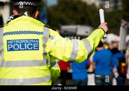 Agent de police métropolitaine traitant des demandes de protestataires, à un Brexit manifestation de protestation dans le centre de Londres, au Royaume-Uni. Banque D'Images