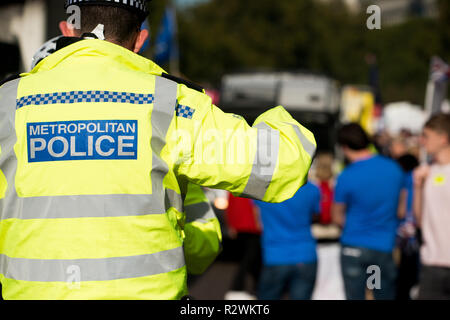 Agent de police métropolitaine traitant des demandes de protestataires, à un Brexit manifestation de protestation dans le centre de Londres, au Royaume-Uni. Banque D'Images