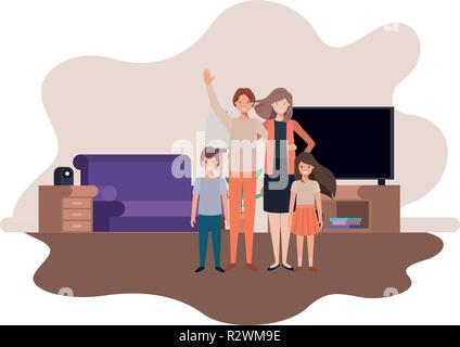 Couple avec enfants parents in livingroom Illustration de Vecteur