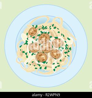 Pâtes aux boulettes de viande et d'herbes, spaghettis, vector illustration Illustration de Vecteur
