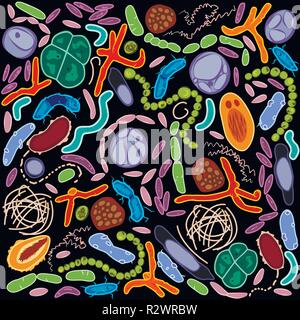 Ensemble de différents types de bactéries sur fond noir, vector illustration Illustration de Vecteur