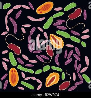 Ensemble de différents types de bactéries du microbiome humain sur fond noir, vector Illustration de Vecteur