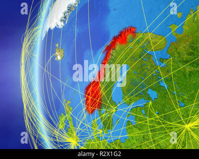La Norvège à partir de l'espace sur le modèle de terre avec réseau international. Concept de communication numérique ou les voyages. 3D illustration. Éléments de cette image fu Banque D'Images
