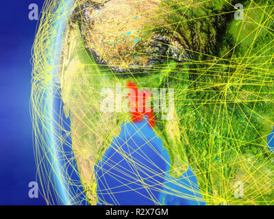 Le Bangladesh à partir de l'espace sur le modèle de terre avec réseau international. Concept de communication numérique ou les voyages. 3D illustration. Éléments de cette imag Banque D'Images