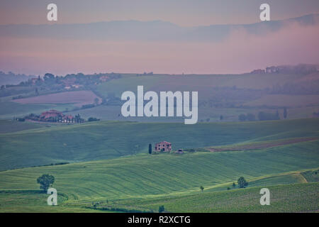 Paysage de Toscane dans le brouillard. Matin brouillard sur les collines de Montepulciano, Toscane, Italie Banque D'Images
