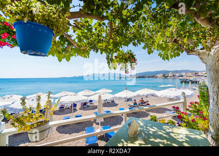 Vew de plage d'Haraki du tableau en vertu de l'arbre (Rhodes, Grèce) Banque D'Images