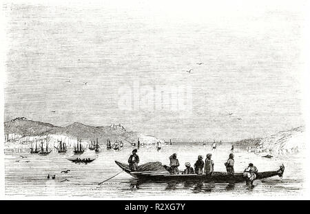 Vue de profil d'un navire entrant dans la mer de Marmara. Ancienne gravure en niveaux de gris par Couveley, magasin pittoresque 1846. Banque D'Images