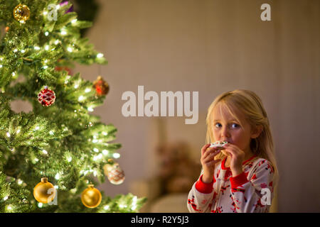 Jeune fille manger un biscuit de Noël. Banque D'Images