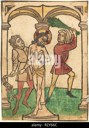 La flagellation. Dimensions : hors tout : 11 x 7,9 cm (4 5/16 x 3 1/8 in.). Technique : gravure sur bois coloriée au blockbook (page). Musée : National Gallery of Art, Washington DC. Auteur : Ludwig d'Ulm. Banque D'Images