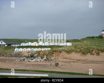 Couple en train de marcher leur chien sur Summerleaze Beach avec les nouvelles cabines colorées en arrière-plan Banque D'Images