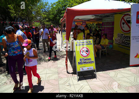 Avertissement signe de dangers de l'alcool au volant pendant les célébrations du carnaval, Tarija, Bolivia Banque D'Images