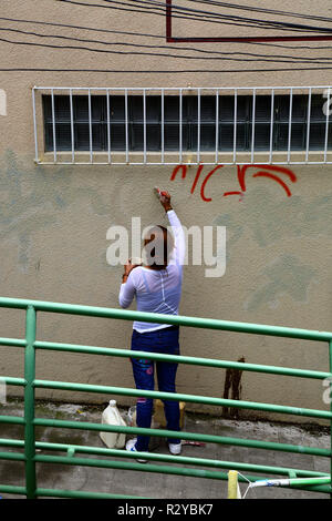 Femme peignant un graffiti sur mur, Tarija, Bolivia Banque D'Images