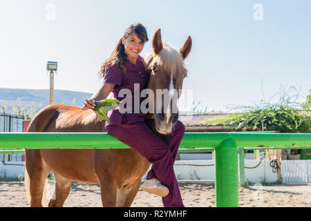 Jeune femme médecin vétérinaire nourrir un cheval brun à l'extérieur. Equestrian healthcare medical concept. Banque D'Images