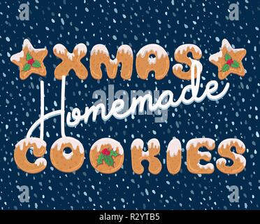 Carte de vœux de noël typographie dans cartoon style avec du texte sous forme de cookies faits maison. Lettres Noël doodle pour banner, invitation, affiche, étiquette, carte postale. Illustration de Vecteur