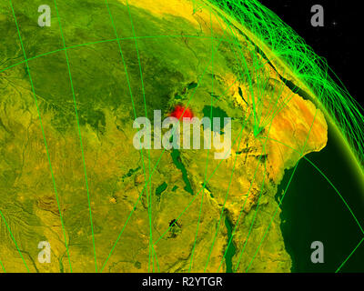 Le Rwanda à partir de l'espace sur le modèle de réseau numérique avec la planète Terre. Concept de la technologie numérique, la connectivité et les voyages. 3D illustration. Éléments de Banque D'Images