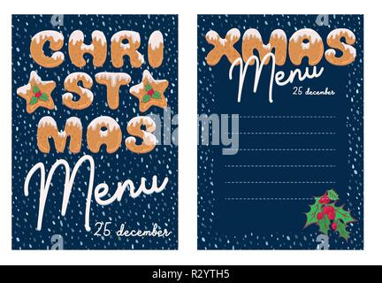 Menu de Noël au design cartoon style avec du texte sous forme de cookies faits maison. Doodle lettres pour brochure, poster, vintage fond de fête, party card Illustration de Vecteur