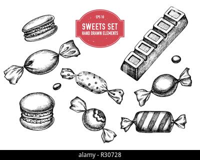 Vector collection de noir et blanc à la main macaron, bar, bonbons Illustration de Vecteur