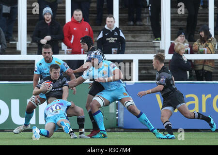 NEWCASTLE upon Tyne. 28 octobre 2018 Brett c 286 de Newcastle Falcons est abordé par Harvey Skinner d'Exeter Chiefs au cours de la Premiership Cup match entre Newcastle Falcons et Exeter Chiefs à Kingston Park, Newcastle upon Tyne Le dimanche 28 octobre 2018. ©MI News & Sport Ltd | Alamy Live News Banque D'Images