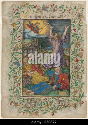 Le Christ au mont des Oliviers. En date du : 1508 et années 1580. Fiche technique : Dimensions : 17,5 × 12,8 cm (6 7/8 x 5 1/16 in.) feuille : 25 × 22,5 cm (9 13/16 x 8 7/8 in.). Technique : gravure à la main, avec l'aquarelle et gouache, rehaussée de l'or et l'argent, sur papier monté sur un morceau de parchemin orné de motifs floraux les frontières. Musée : National Gallery of Art, Washington DC. Auteur : Albrecht Dürer et Georg Mack l'Aîné. Banque D'Images