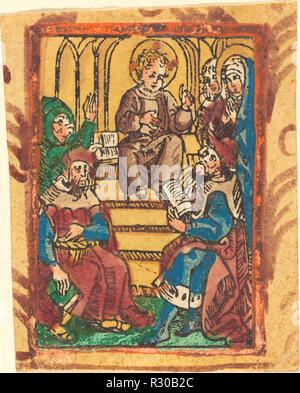 Les 12 ans de Jésus au Temple. En date du : ch. 1490/1500. Technique : gravure sur bois, à la main, en bleu foncé, rouge, jaune, ocre et brun-violet. Musée : National Gallery of Art, Washington DC. Auteur : allemand du 15ème siècle. Banque D'Images