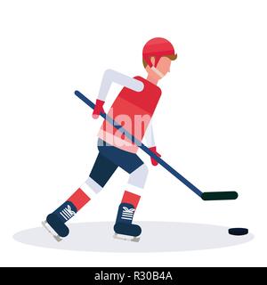 Joueur professionnel de hockey sur glace holding stick patinage avec pack homme personnage télévision pleine longueur isolée Illustration de Vecteur