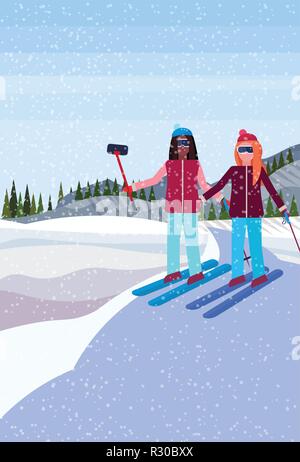 Deux femmes en hiver les skieurs selfies snowy mountain hill de forêts de sapins et de l'arrière-plan du paysage plat vertical Illustration de Vecteur