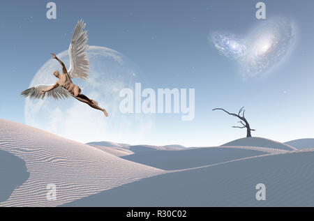 Désert blanc surréaliste avec arbre sec, galaxies et grande lune à l'horizon. L'homme avec des ailes représente angel. Banque D'Images