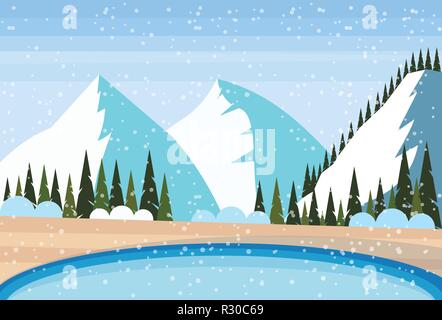 Piscine thermale extérieure luxury resort de forêts de sapins et de montagnes de neige vacances d'hiver fond paysage concept plate horizontale Illustration de Vecteur