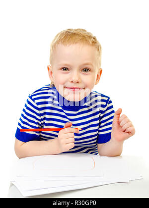 Petit garçon dessiner photo isolé sur fond blanc Banque D'Images