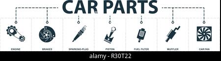 Jeu de pièces de voiture de collection d'icônes. Comprend des éléments simples tels que moteur, freins, des étincelles-plug, piston, filtre à carburant, de silencieux, ventilateur voiture icônes premium Illustration de Vecteur