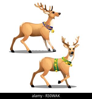 Ensemble de Noël animée avec de belles grandes cornes de cerf, colliers décorés et golden Jingle bells isolé sur fond blanc. Cartoon Vector illustration close-up. Illustration de Vecteur