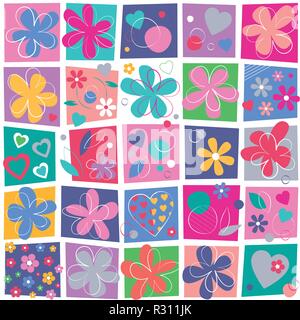 Fleurs et coeurs sur fond blanc et carré Illustration de Vecteur