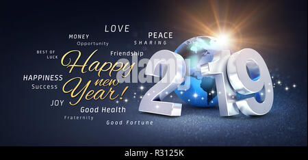 Bonne année bonjour, meilleurs voeux et 2019 date nombre, composé avec la planète terre, de couleur bleue sur un fond noir, avec paillettes et Banque D'Images