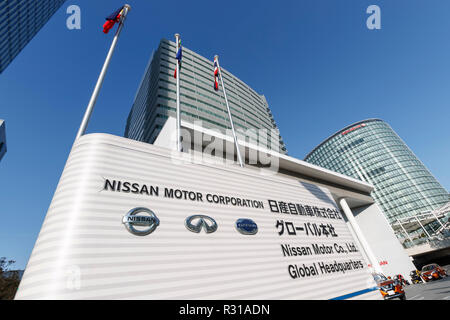 Une vue générale du siège de Nissan à Yokohama le 21 novembre 2018, au Japon. À la suite de l'arrestation de Nissan Motor's président Carlos Ghosn le lundi sur l'inconduite financière, Nissan a indiqué qu'il a des preuves d'irrégularités dans les finances de Renault-Nissan. Credit : Rodrigo Reyes Marin/AFLO/Alamy Live News Banque D'Images