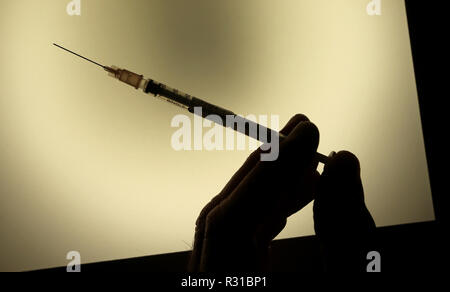 ILLUSTRATION - 21 novembre 2018, la Bavière, Würzburg : Une main tenant une seringue avec la quadruple le vaccin contre la grippe Influvac Tetra (illustration de la vaccination contre la grippe). Photo : Karl-Josef Opim/dpa Banque D'Images