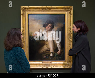 Guildhall Art Gallery, London, UK. 21 novembre, 2018. The UK's biggest exhibition of Victorian enfants dans la peinture, vu et entendu : les enfants de l'époque victorienne dans le cadre porte sur l'évolution des perceptions des enfants au 19e siècle après le couronnement de la reine Victoria en 1837. L'exposition est ouverte du 23 novembre 2018 - 28 avril 2019. Image : Sir Henry Raeburn, Garçon et Lapin, 1814, huile sur toile. Royal Academy of Arts, Londres. Credit : Malcolm Park/Alamy Live News. Banque D'Images